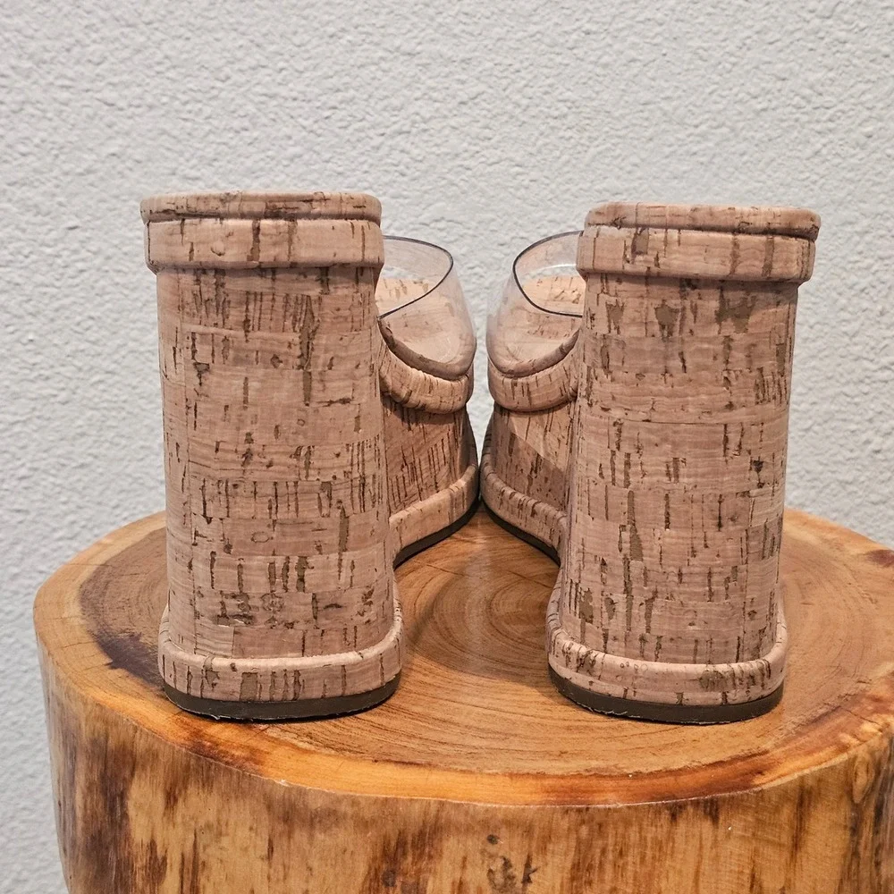 Schutz Cork Platform Wedge Sandals Clear Vinyl Strap Mules Tan Beige Size 10B‎